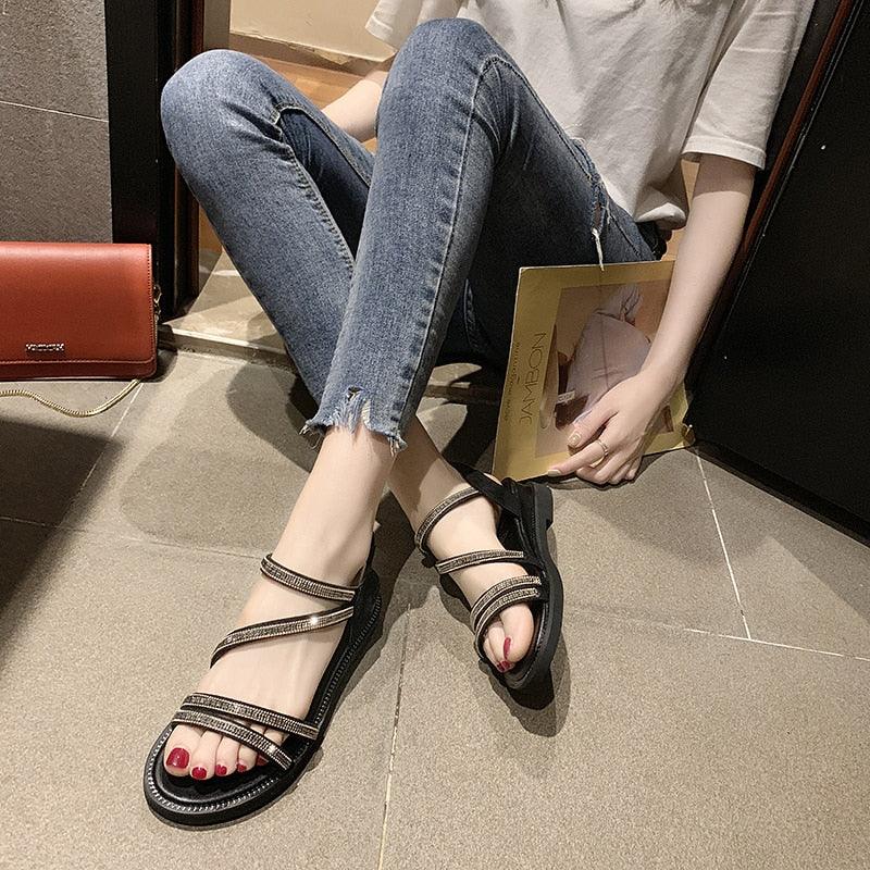 Women's Rhinestone Crystal Flat Sandals Casual Beach Flip Flops