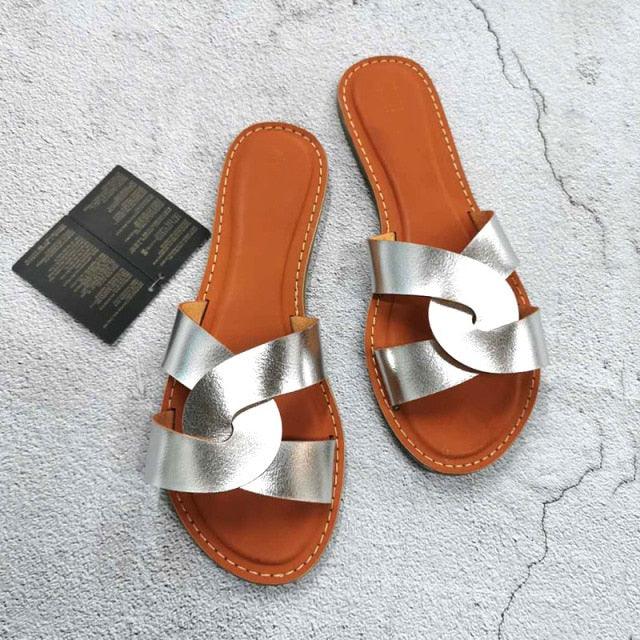 Minimalist Women's Leather Two-Strap Slide Sandals for Summer