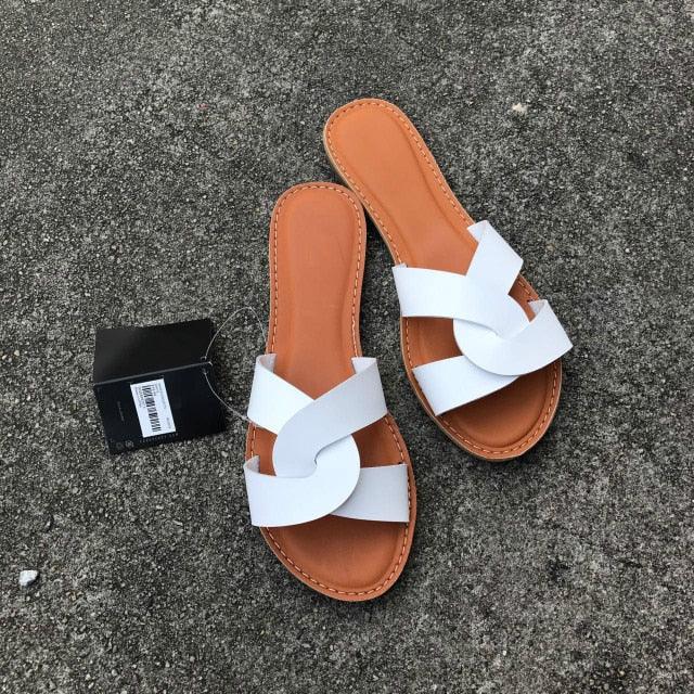 Minimalist Women's Leather Two-Strap Slide Sandals for Summer