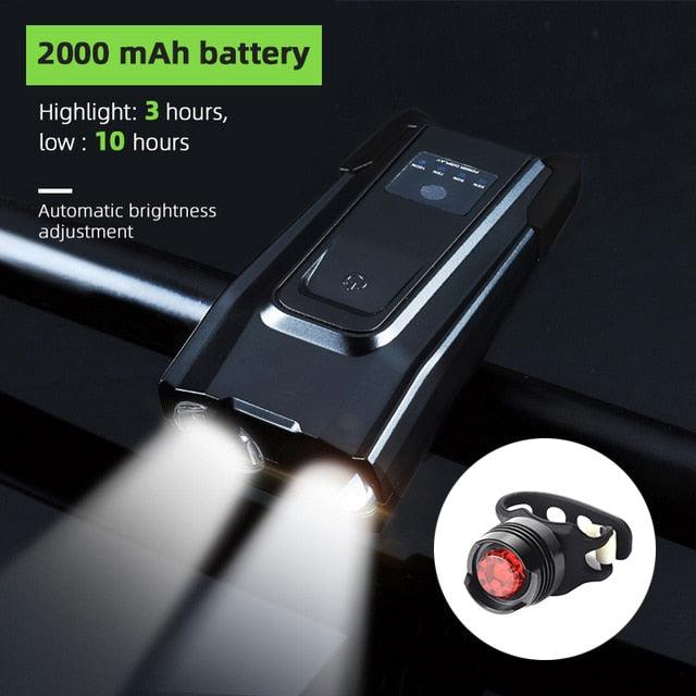 800 Lumen Smart Bike Light Set with Horn and USB Rechargeable Battery