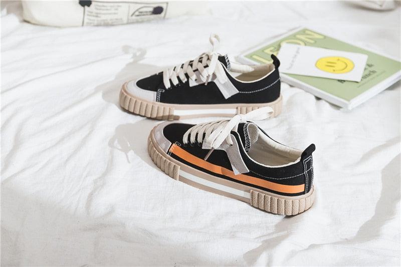 Womens Striped Canvas Slip-On Vulcanized Casual Flats Sneakers