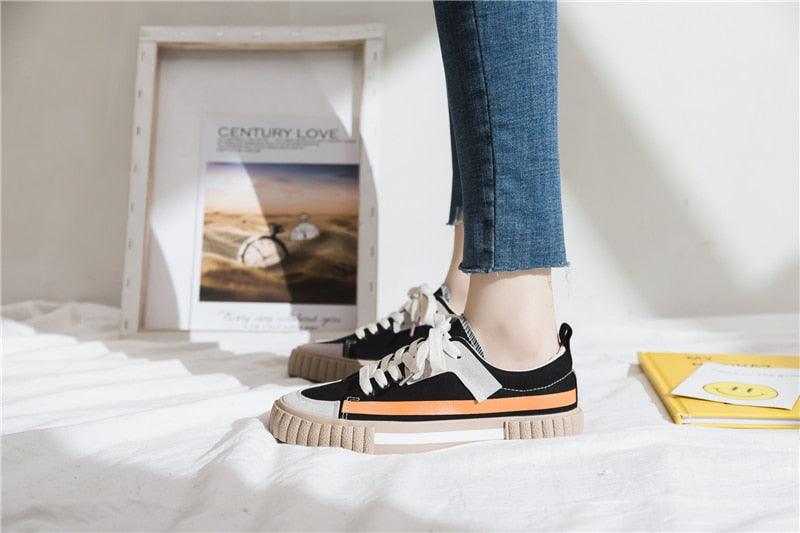 Womens Striped Canvas Slip-On Vulcanized Casual Flats Sneakers