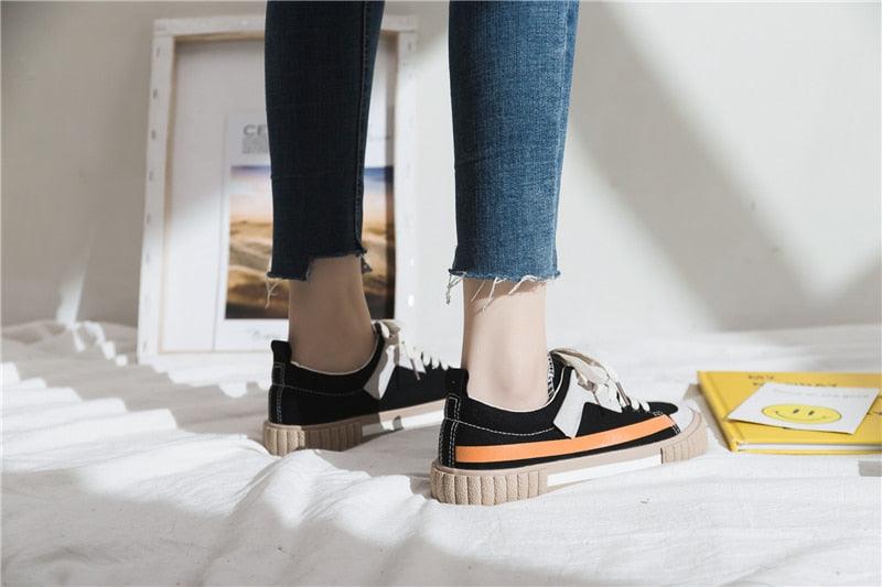 Womens Striped Canvas Slip-On Vulcanized Casual Flats Sneakers