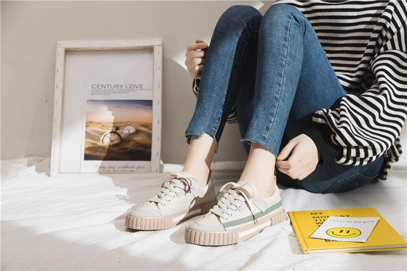 Womens Striped Canvas Slip-On Vulcanized Casual Flats Sneakers