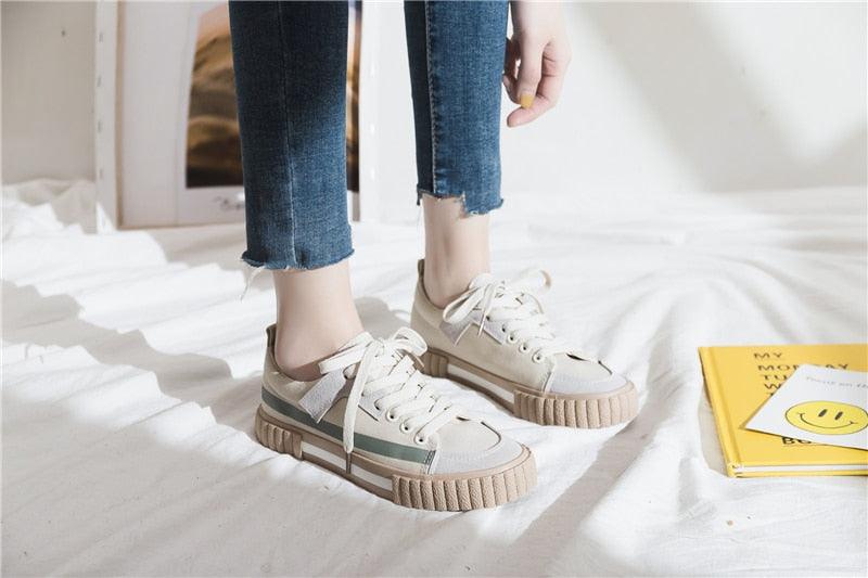 Womens Striped Canvas Slip-On Vulcanized Casual Flats Sneakers
