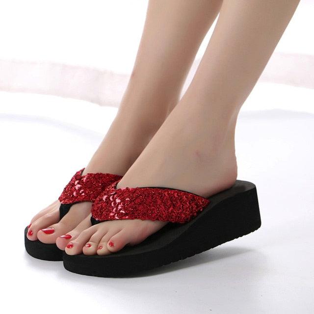 Women's Sparkling Sequin Flat Flip Flops Comfort Beach Sandals