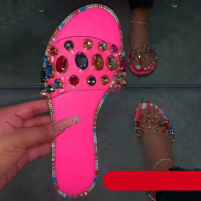 Women's Rhinestone Flat Sandals Open Toe Glitter Slide Slippers
