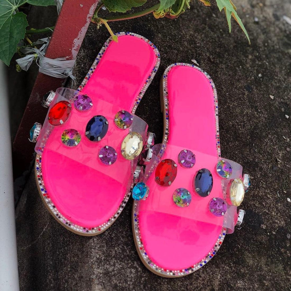 Women's Rhinestone Flat Sandals Open Toe Glitter Slide Slippers