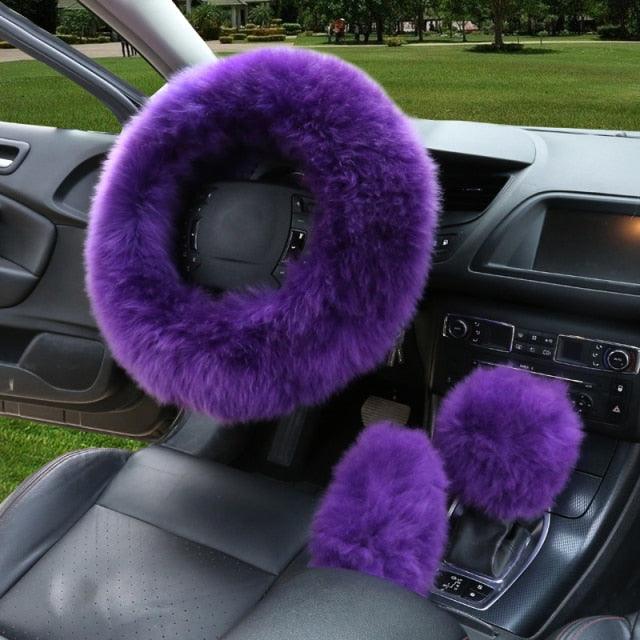 3pc Fluffy Sheepskin Steering Wheel Cover Set for Car Interior