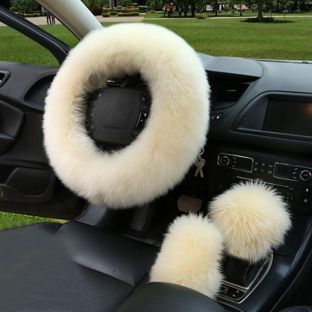 3pc Fluffy Sheepskin Steering Wheel Cover Set for Car Interior