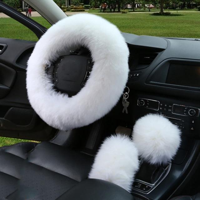 3pc Fluffy Sheepskin Steering Wheel Cover Set for Car Interior