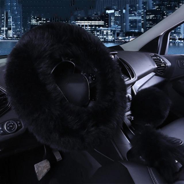 3pc Fluffy Sheepskin Steering Wheel Cover Set for Car Interior