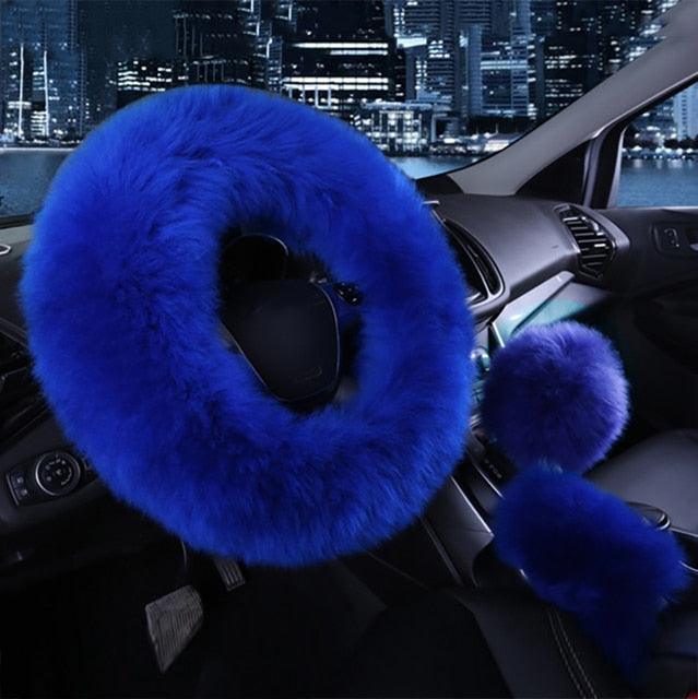 3pc Fluffy Sheepskin Steering Wheel Cover Set for Car Interior