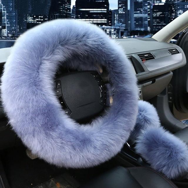 3pc Fluffy Sheepskin Steering Wheel Cover Set for Car Interior