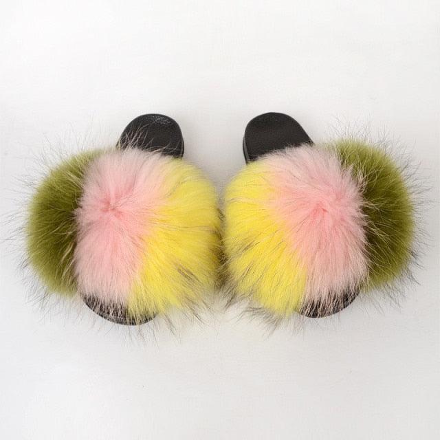 Multicolor Faux Fur Slides with Plush Fluffy Raccoon Texture