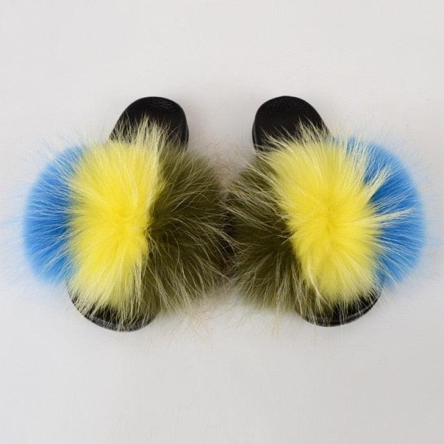 Multicolor Faux Fur Slides with Plush Fluffy Raccoon Texture