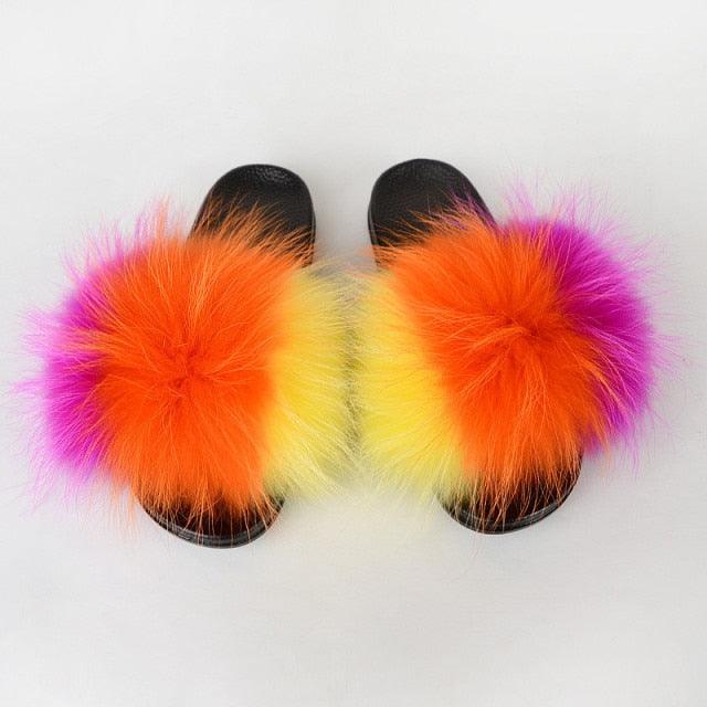 Multicolor Faux Fur Slides with Plush Fluffy Raccoon Texture