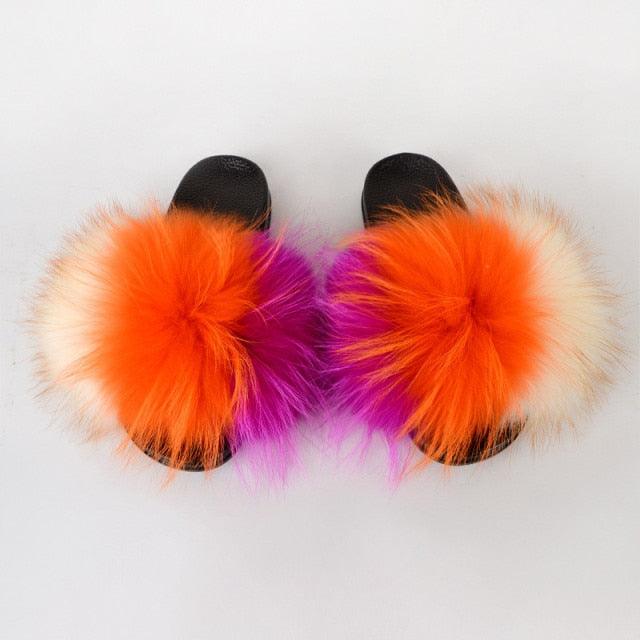 Multicolor Faux Fur Slides with Plush Fluffy Raccoon Texture