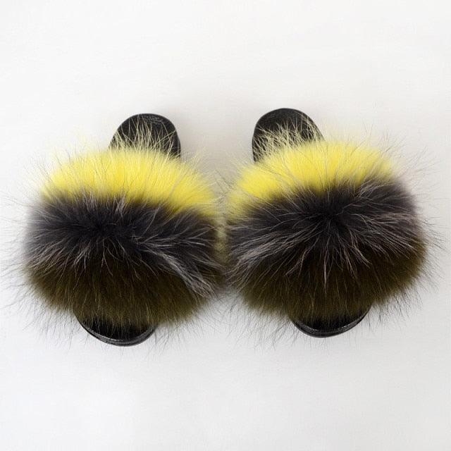 Multicolor Faux Fur Slides with Plush Fluffy Raccoon Texture