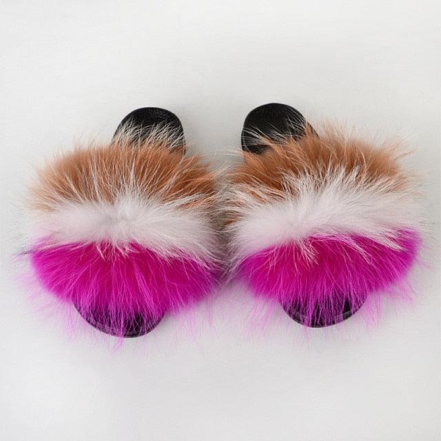 Multicolor Faux Fur Slides with Plush Fluffy Raccoon Texture