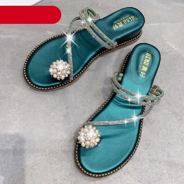 Women's Rhinestone Crystal Flat Sandals Casual Beach Flip Flops
