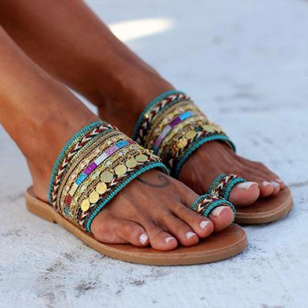 Bohemian Leather Toe Ring Sandals for Summer Beach Fashion