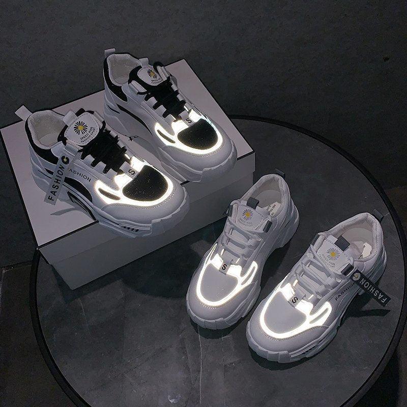 Women’s Reflective Chunky Platform Sneakers – Streetwear Lace-Up
