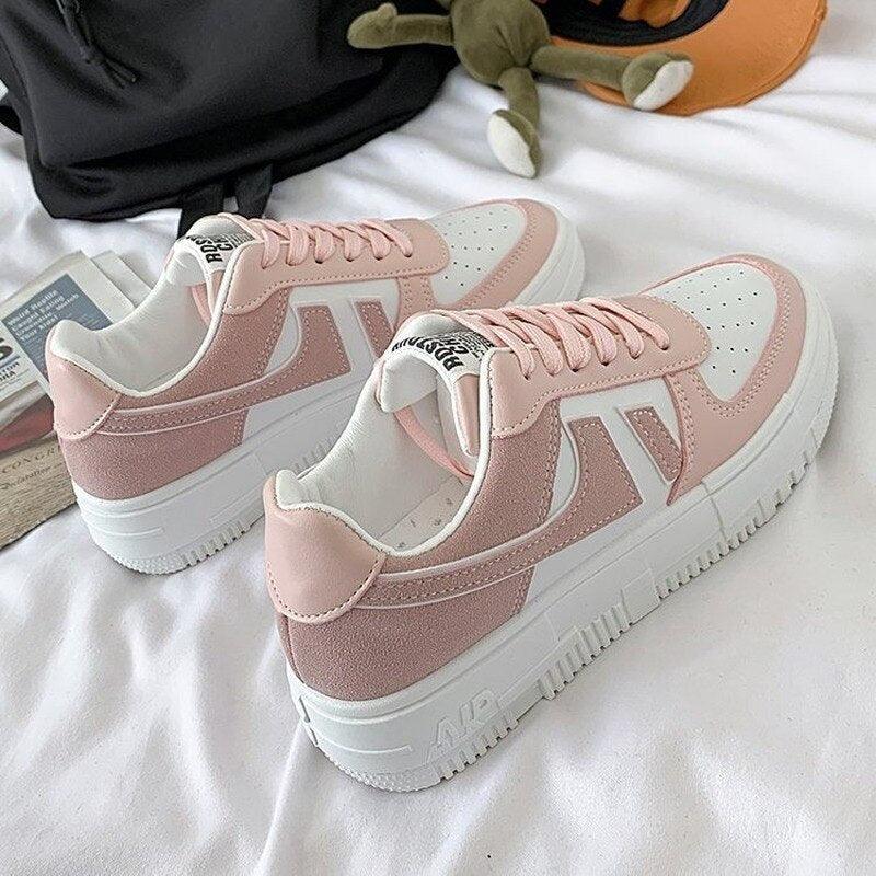 Women's White Casual Lace-Up Sneakers, Breathable Platform Shoes