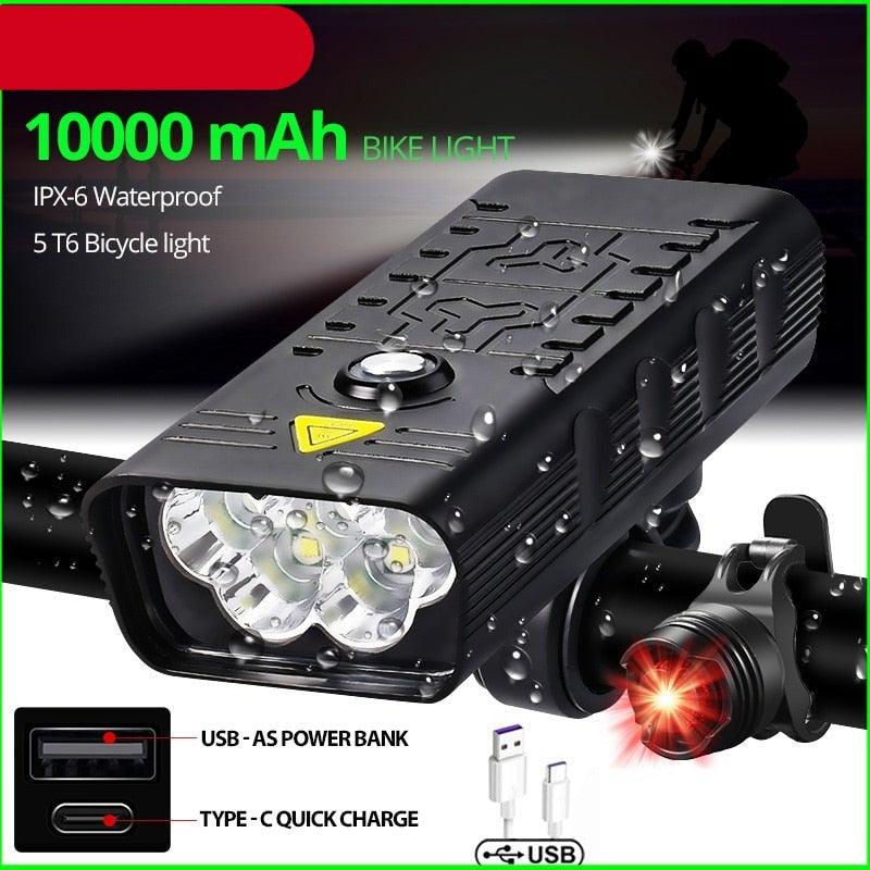 5000 lumen LED bike headlight and taillight set in black finish