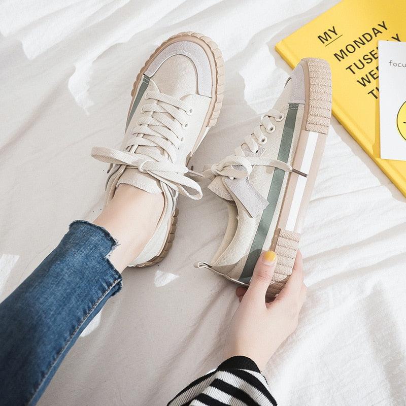 Womens Striped Canvas Slip-On Vulcanized Casual Flats Sneakers