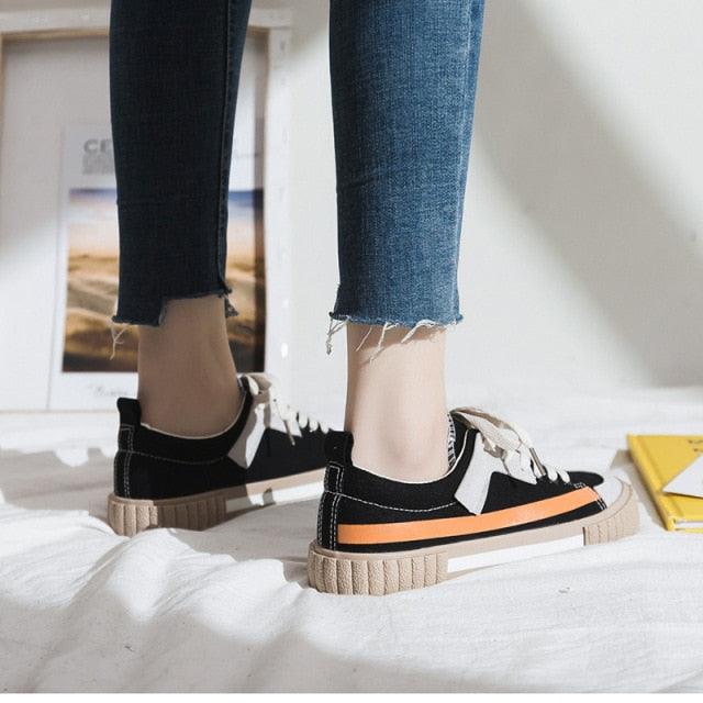 Womens Striped Canvas Slip-On Vulcanized Casual Flats Sneakers