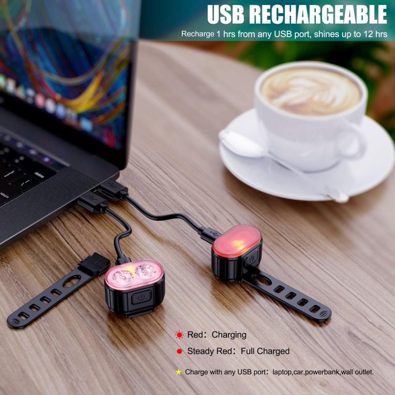 USB Rechargeable LED Bicycle Headlight and Taillight Combo Set
