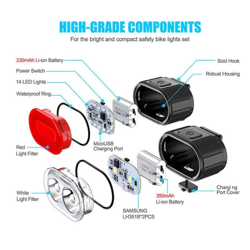 USB Rechargeable LED Bicycle Headlight and Taillight Combo Set