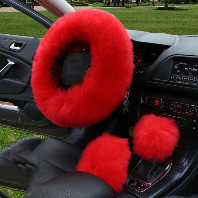 3pc Fluffy Sheepskin Steering Wheel Cover Set for Car Interior
