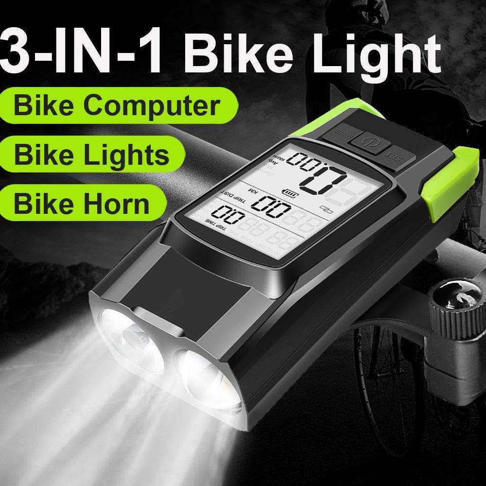 Multi-function 4-in-1 bike LED light with built-in speedometer and horn in black finish
