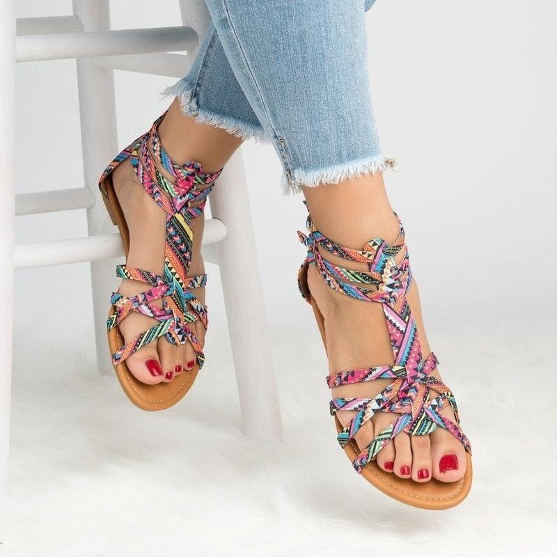 Women's Strappy Flat Sandals Open Toe Leather Casual Shoes