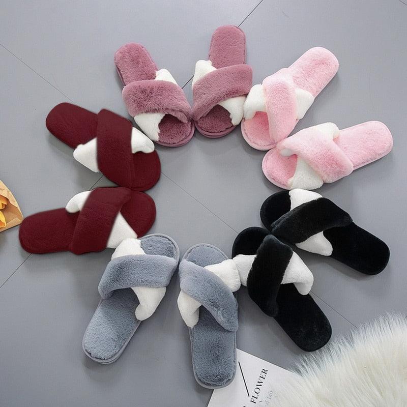 Women's Fluffy Faux Fur Open Toe Slippers, Soft Plush Indoor Slides