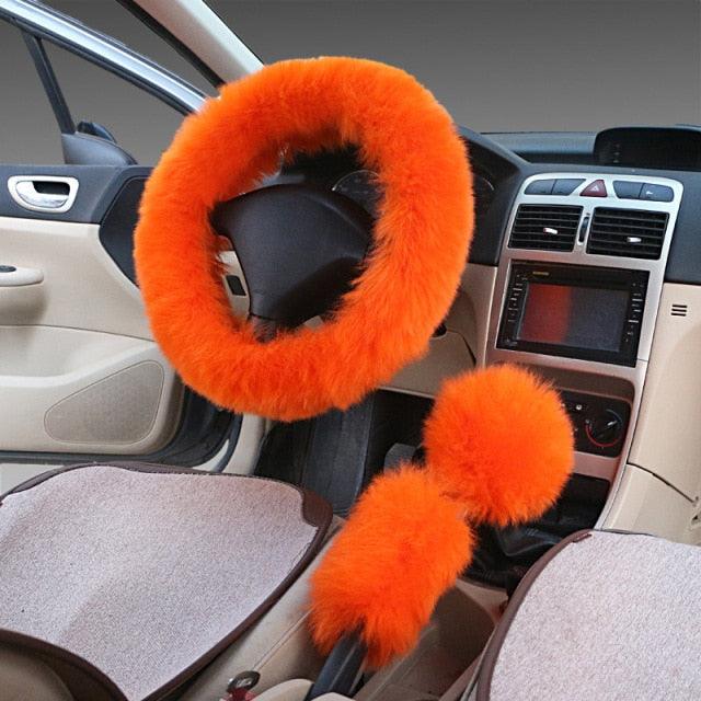 3pc Fluffy Sheepskin Steering Wheel Cover Set for Car Interior