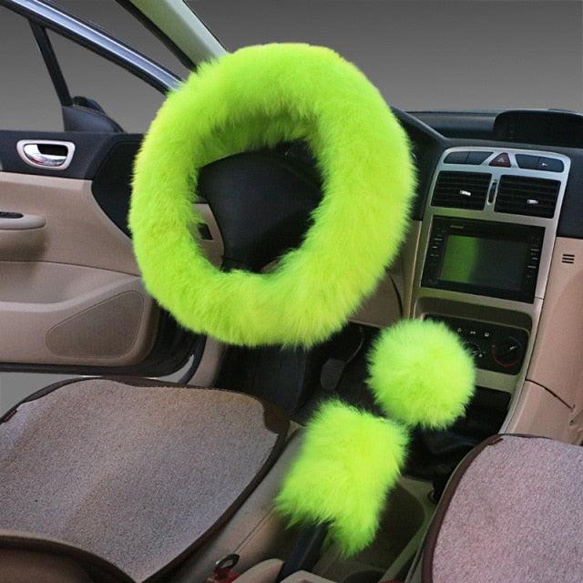 3pc Fluffy Sheepskin Steering Wheel Cover Set for Car Interior