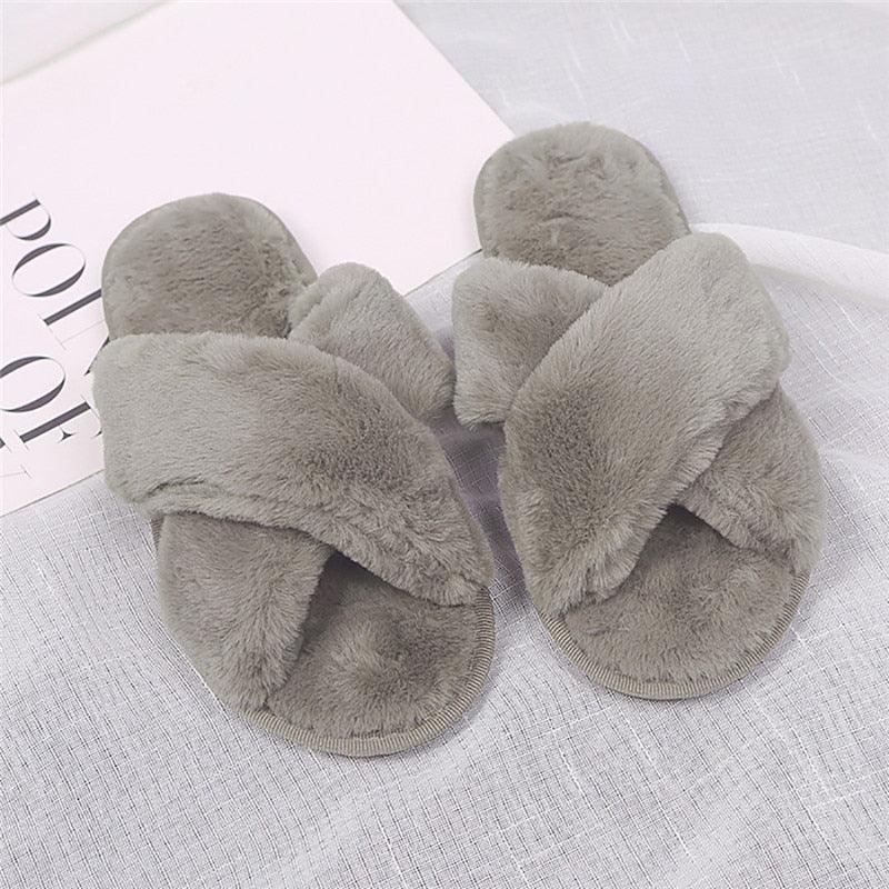 Women's Fluffy Faux Fur Open Toe Slippers, Soft Plush Indoor Slides