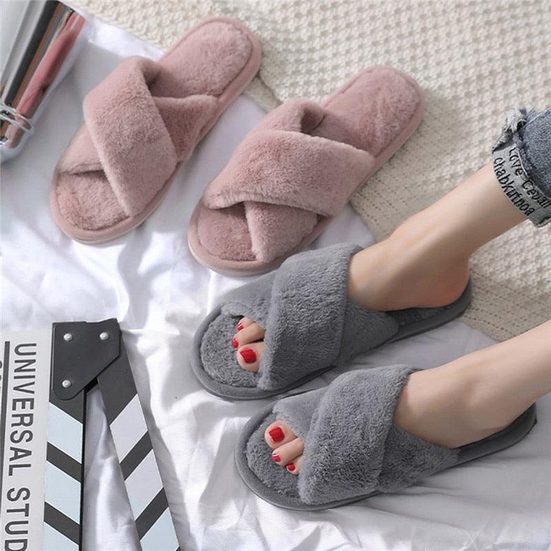 Women's Fluffy Faux Fur Open Toe Slippers, Soft Plush Indoor Slides