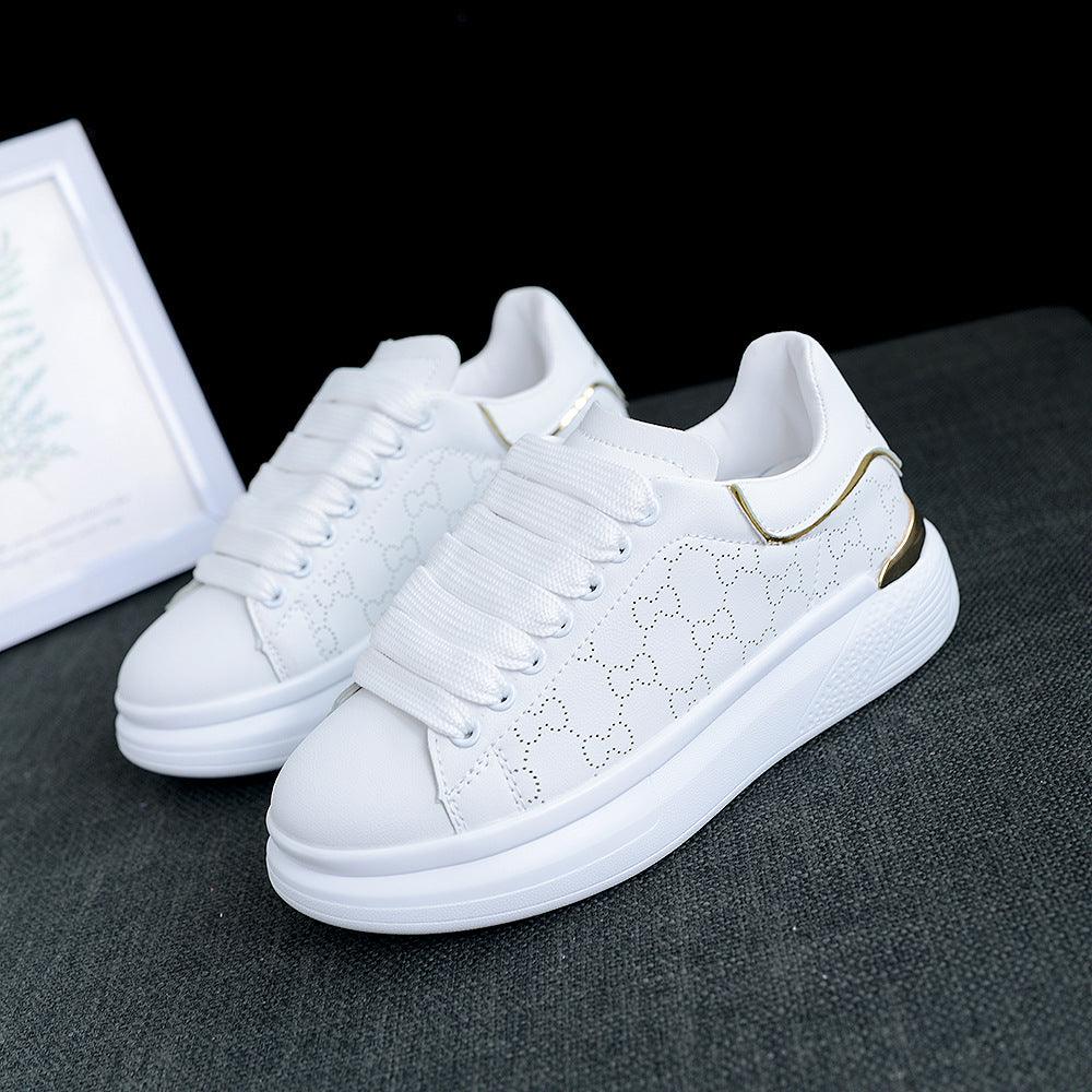Women's White Thick Soled Casual Lace-Up Sneakers Sports Trainers
