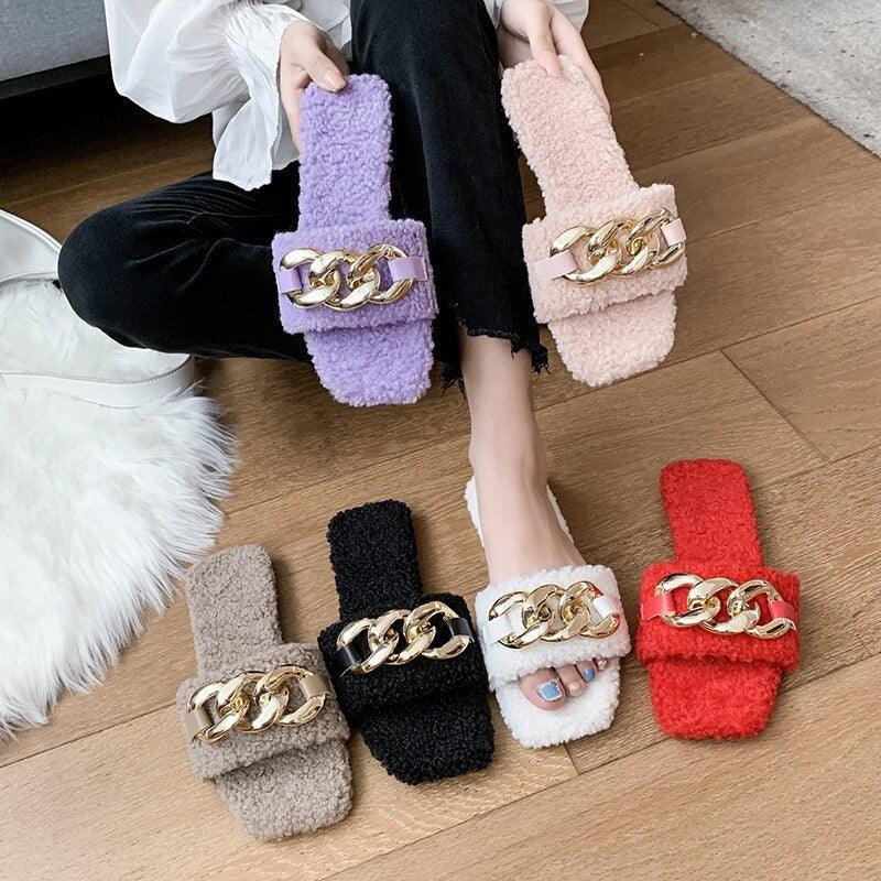 Square Toe Chain Slide Sandals Women’s Flat Slip On Beach Mules