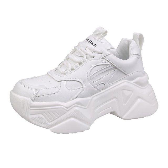 Women's Leather Platform Chunky Sneakers Black Walking Trainers
