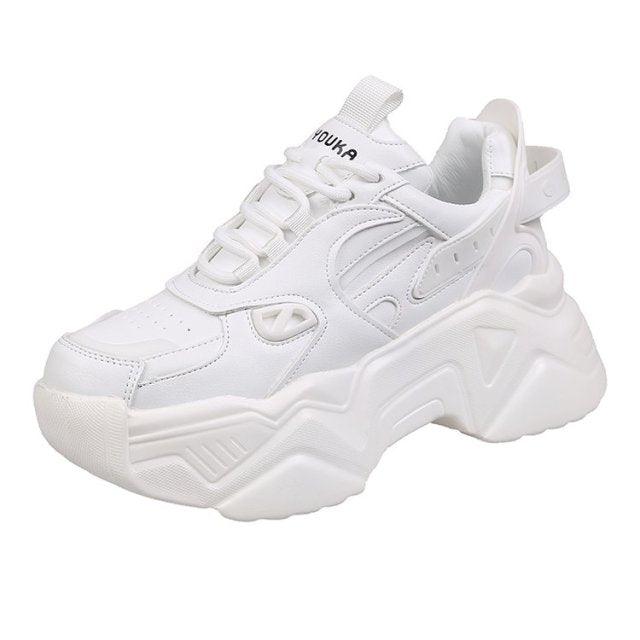 Women's Leather Platform Chunky Sneakers Black Walking Trainers