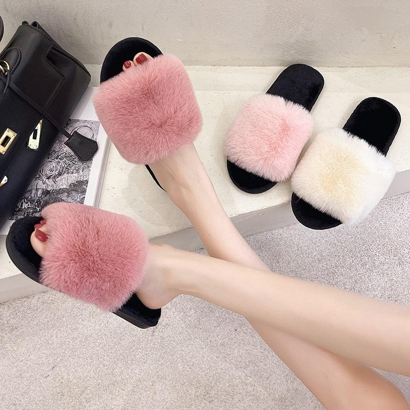 Women’s Faux Fur Cross-Strap Indoor Slides with Memory Foam