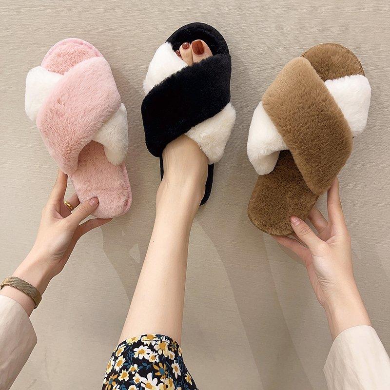 Women’s Faux Fur Cross-Strap Indoor Slides with Memory Foam