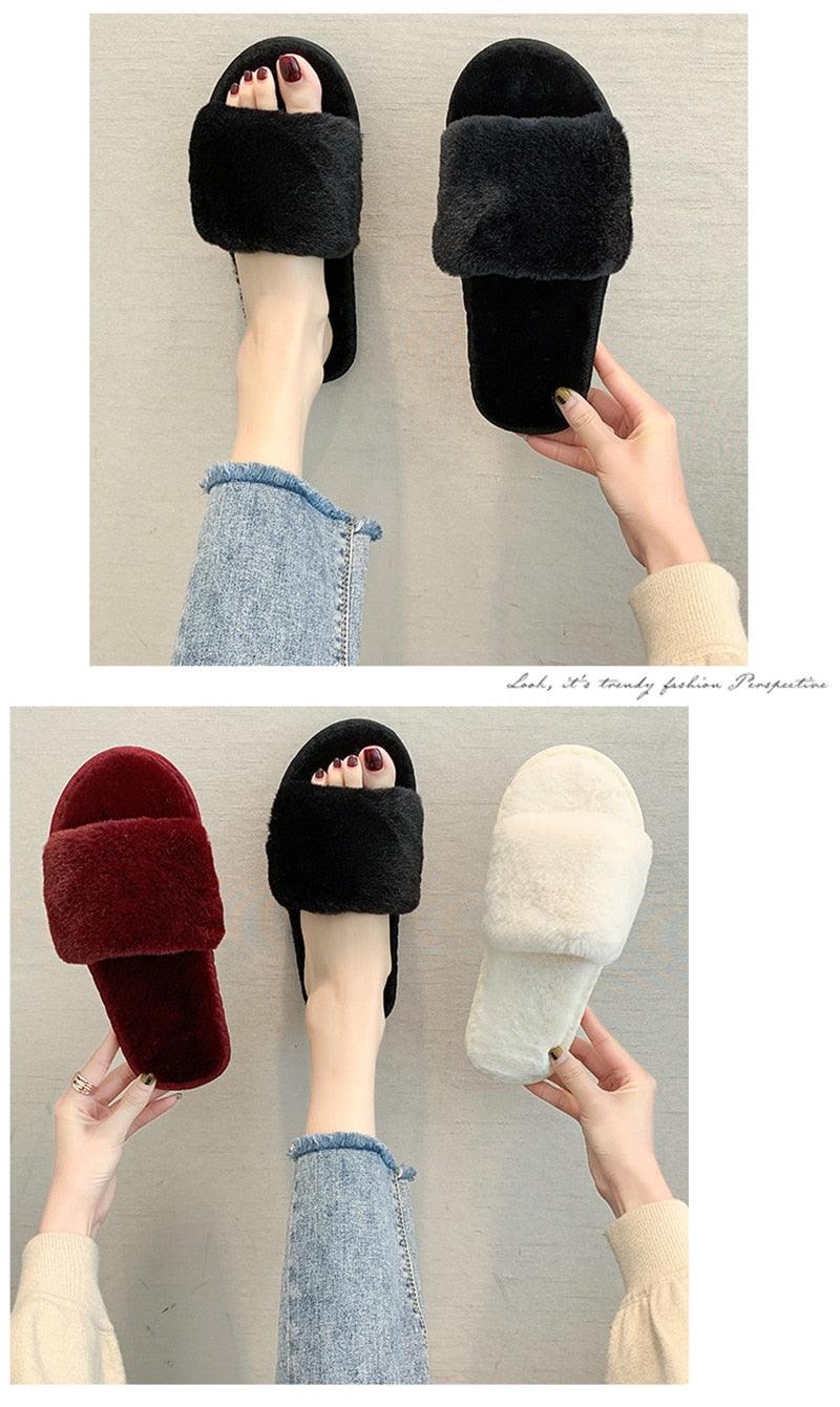 Women’s Faux Fur Cross-Strap Indoor Slides with Memory Foam