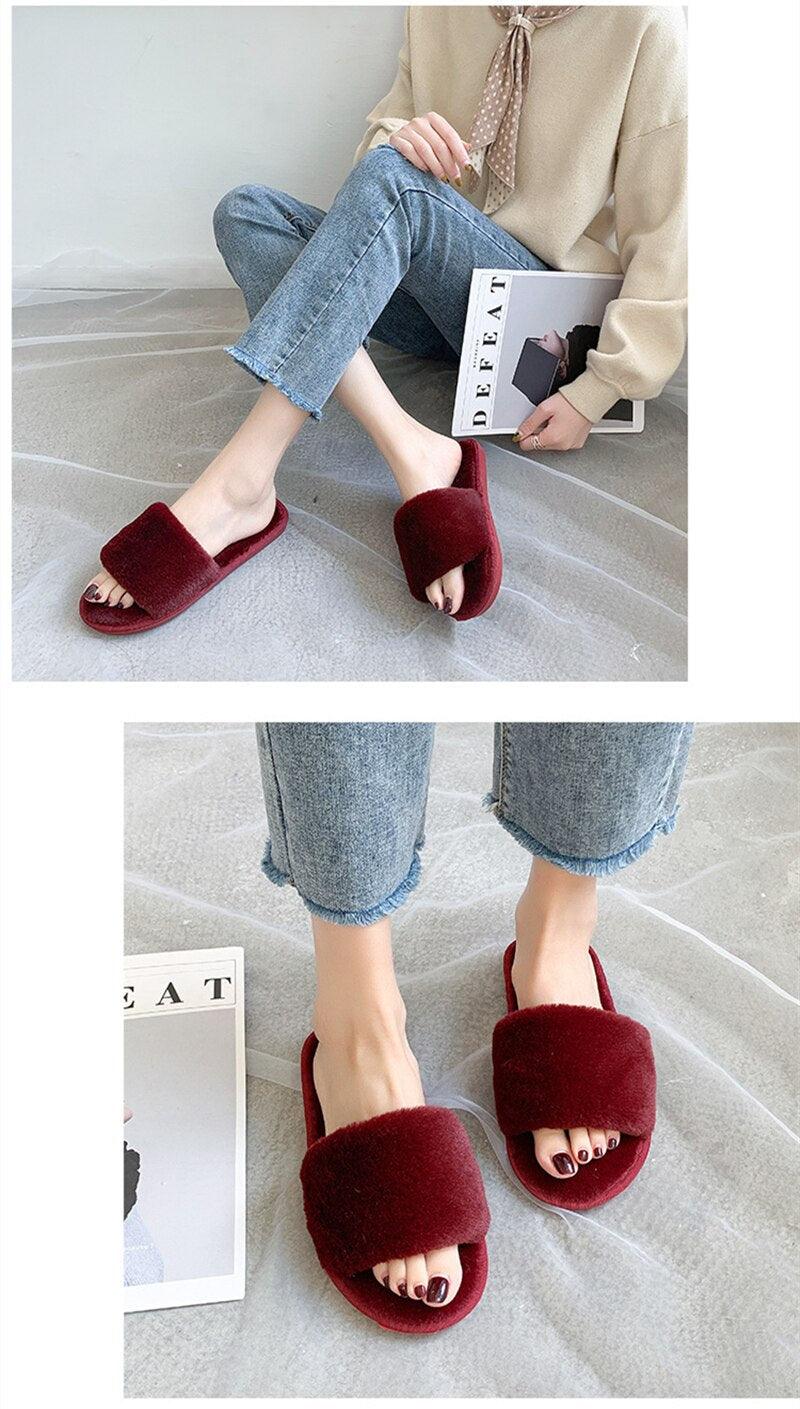 Women’s Faux Fur Cross-Strap Indoor Slides with Memory Foam