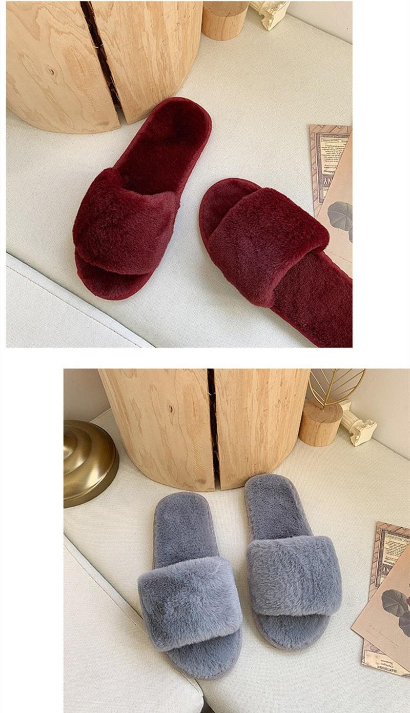 Women’s Faux Fur Cross-Strap Indoor Slides with Memory Foam
